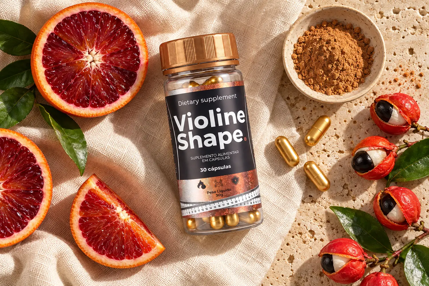 Frasco de Violine Shape cercado de laranjas moro, guaraná e cápsulas