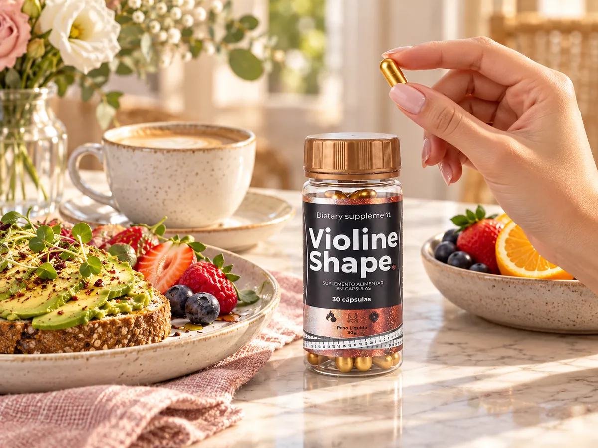 Mesa de café da manhã com frasco de Violine Shape e mão segurando uma cápsula